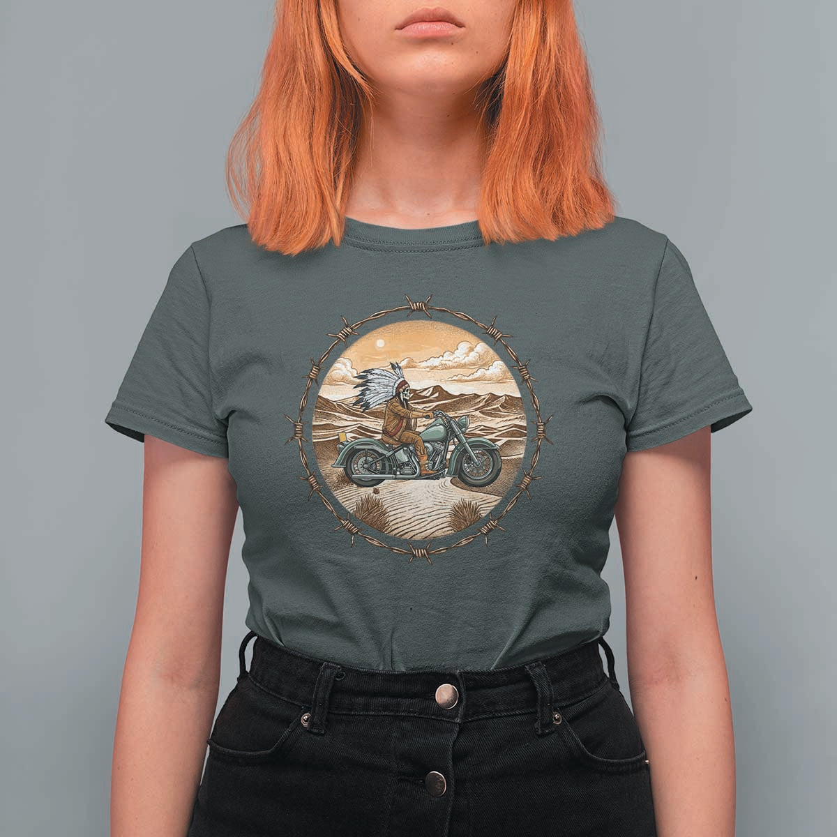 Native American Biker Gift T Shirt For Women Skull Motorcycle Rider