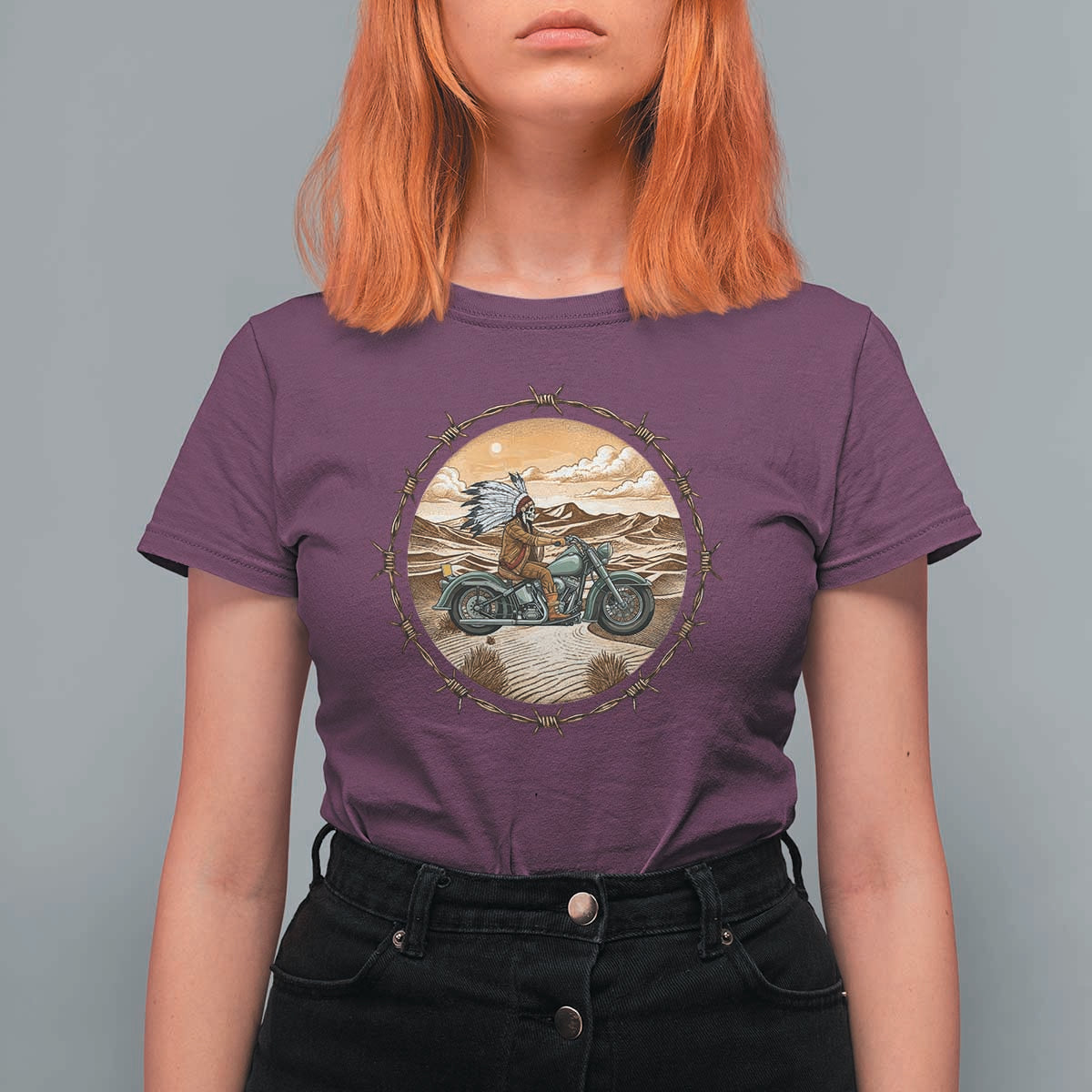 Native American Biker Gift T Shirt For Women Skull Motorcycle Rider