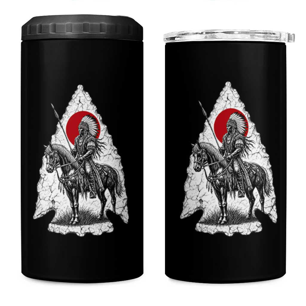 Vintage Native American Warrior 4 in 1 Can Cooler Tumbler Horse Rider Feather Headdress Graphic