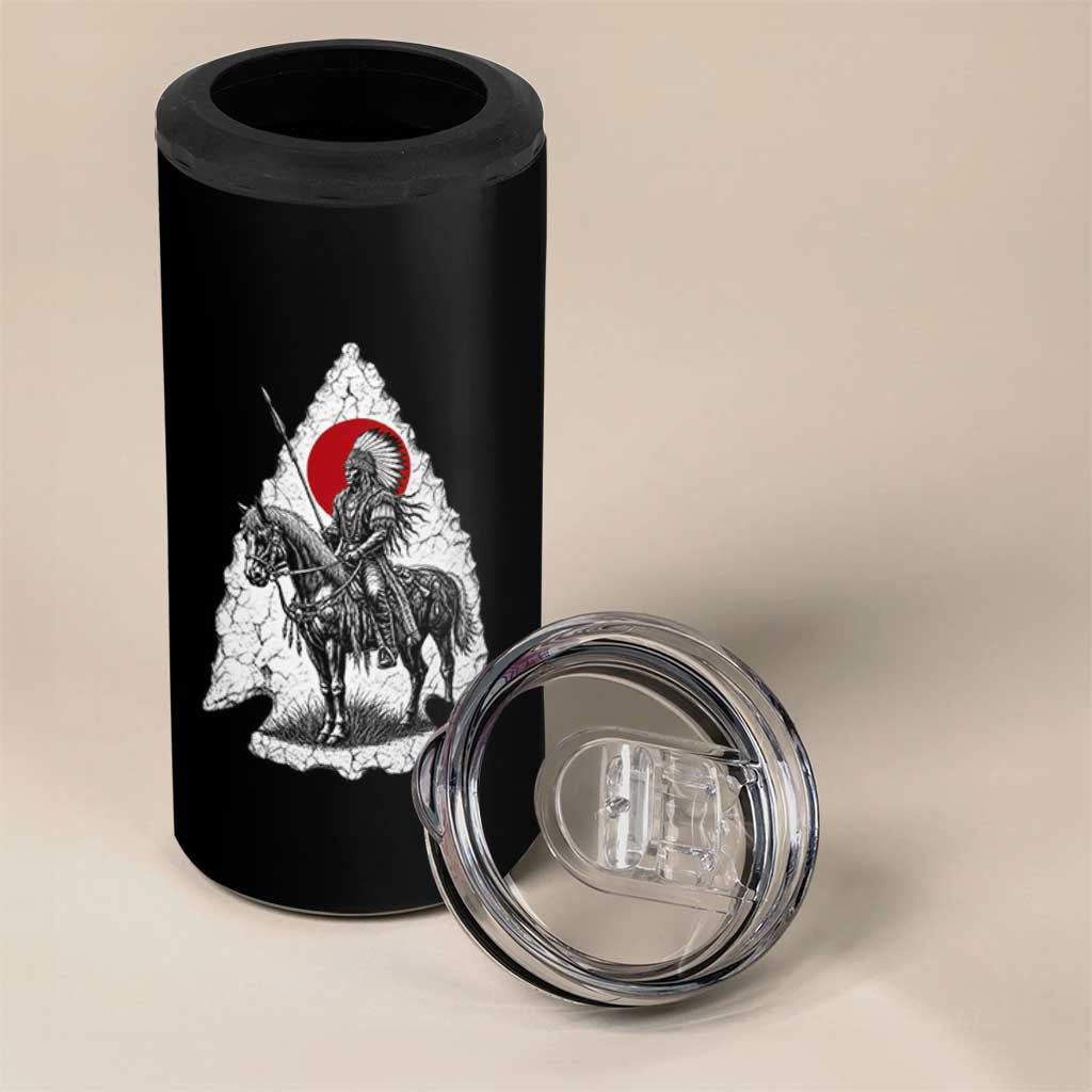 Vintage Native American Warrior 4 in 1 Can Cooler Tumbler Horse Rider Feather Headdress Graphic