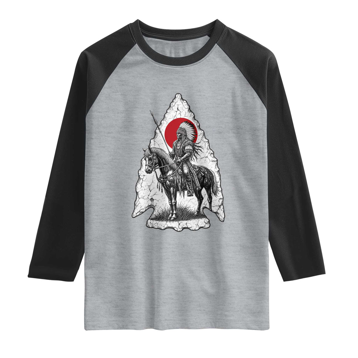 Vintage Native American Warrior Raglan Shirt Horse Rider Feather Headdress Graphic