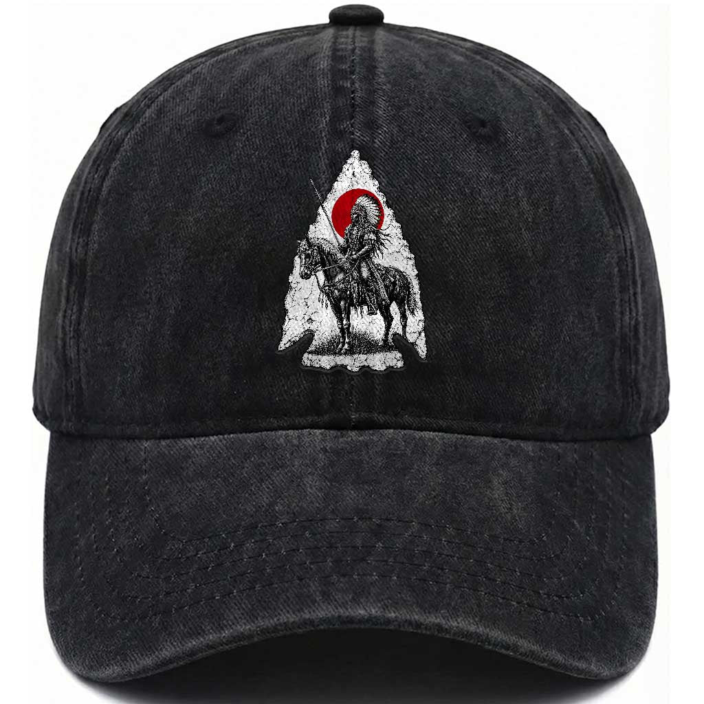 Vintage Native American Warrior Washed Cotton Baseball Cap Horse Rider Feather Headdress Graphic