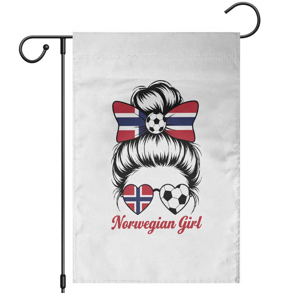 Norwegian Soccer Girl Garden Flag Messy Bun Sunglasses Football Fan