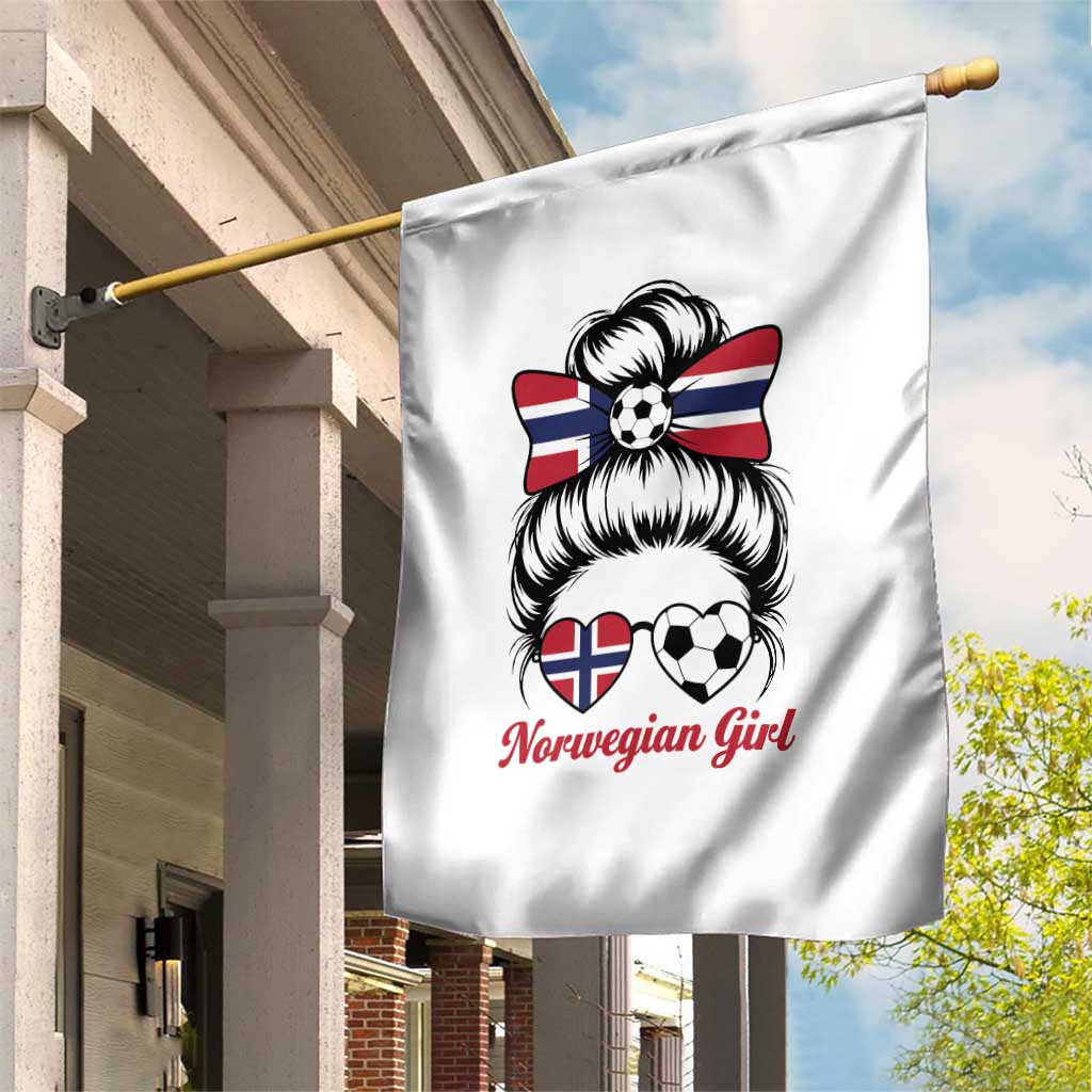 Norwegian Soccer Girl Garden Flag Messy Bun Sunglasses Football Fan