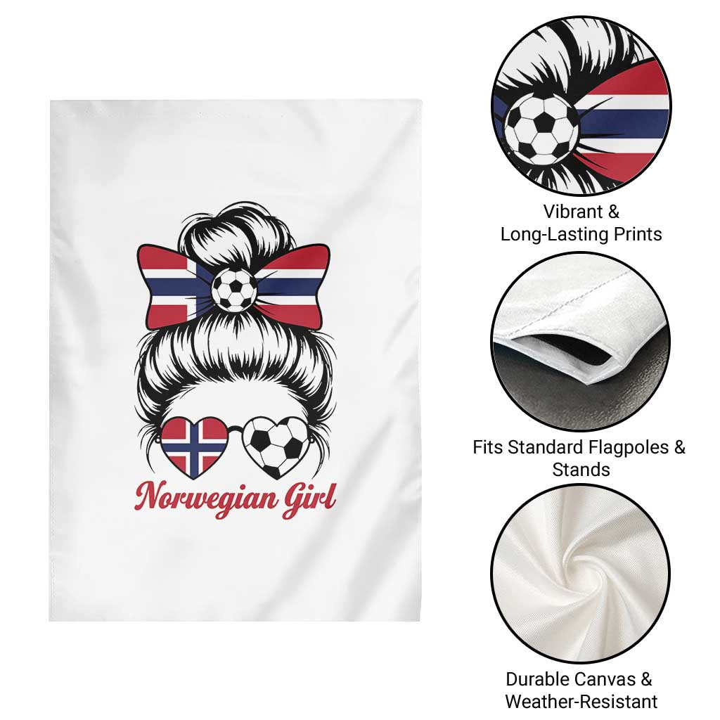 Norwegian Soccer Girl Garden Flag Messy Bun Sunglasses Football Fan
