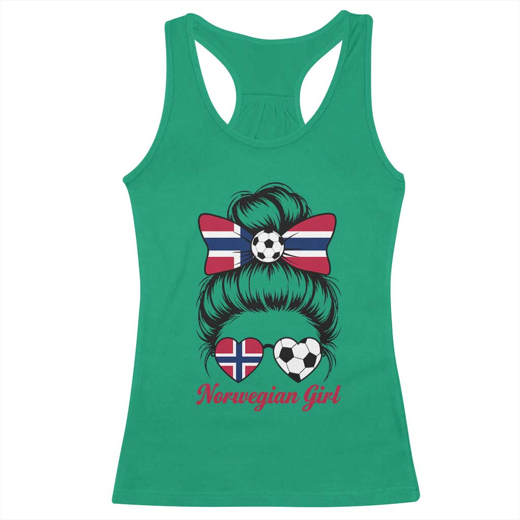 Norwegian Soccer Girl Racerback Tank Top Messy Bun Sunglasses Football Fan