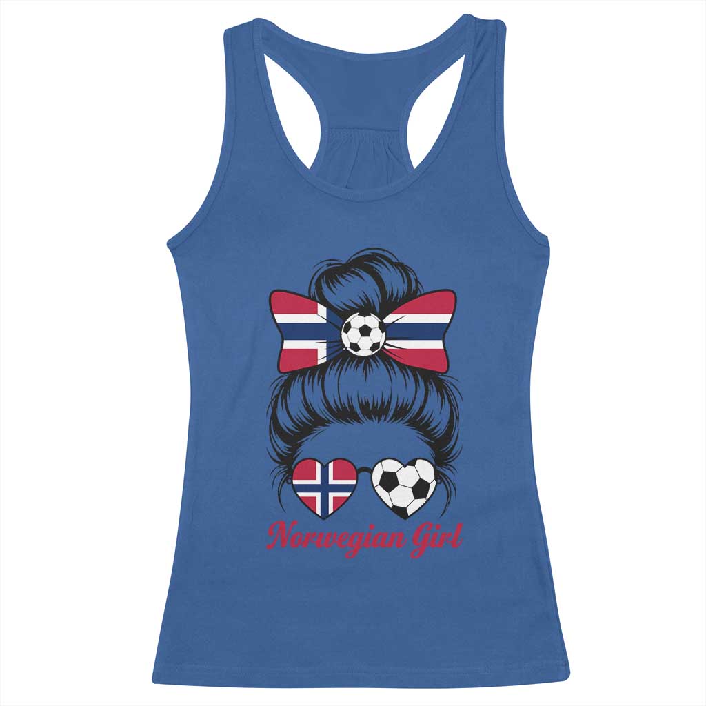 Norwegian Soccer Girl Racerback Tank Top Messy Bun Sunglasses Football Fan
