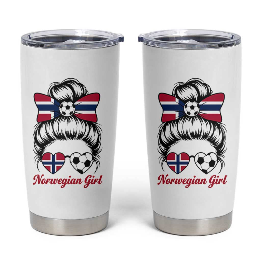 Norwegian Soccer Girl Tumbler Cup Messy Bun Sunglasses Football Fan