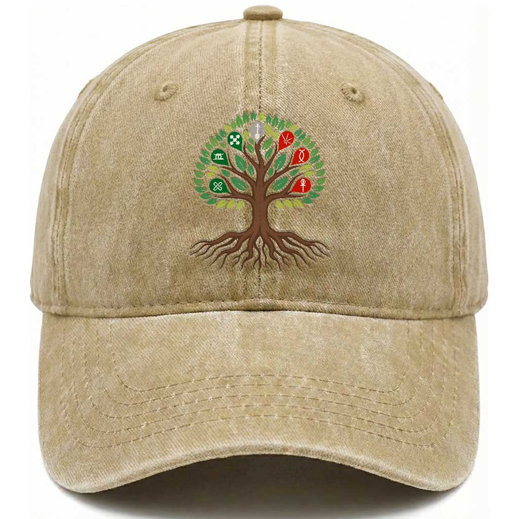 Seven Candles Of Kwanzaa Tree Of Life Washed Cotton Baseball Cap African Heritage Gift