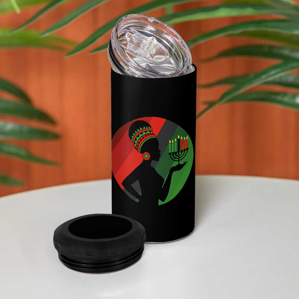 African Woman With Kinara 4 in 1 Can Cooler Tumbler Happy Kwanzaa Cultural Pride Gift - Wonder Print Shop