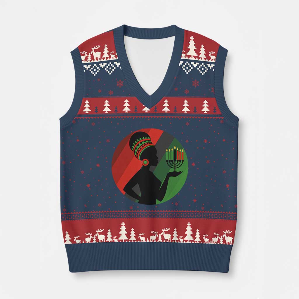 African Woman With Kinara V-Neck Knit Sweater Vest Happy Kwanzaa Cultural Pride Gift - Wonder Print Shop