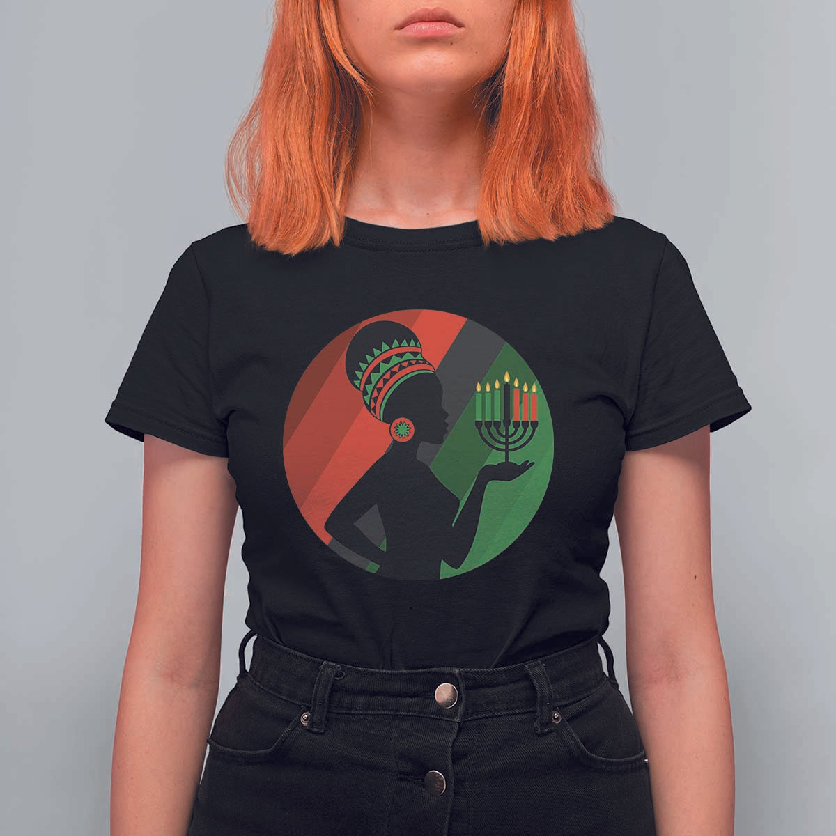African Woman With Kinara T Shirt For Women Happy Kwanzaa Cultural Pride Gift - Wonder Print Shop