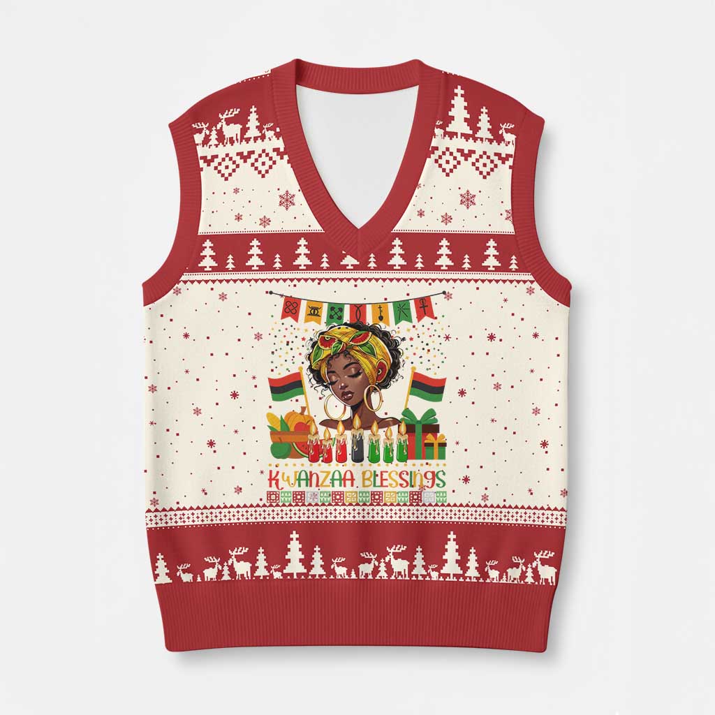 Kwanzaa Blessings African Woman V-Neck Knit Sweater Vest Umoja Seven Principles Family Gift - Wonder Print Shop