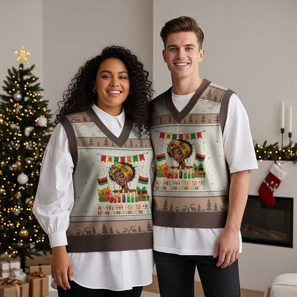 Kwanzaa Blessings African Woman V-Neck Knit Sweater Vest Umoja Seven Principles Family Gift - Wonder Print Shop