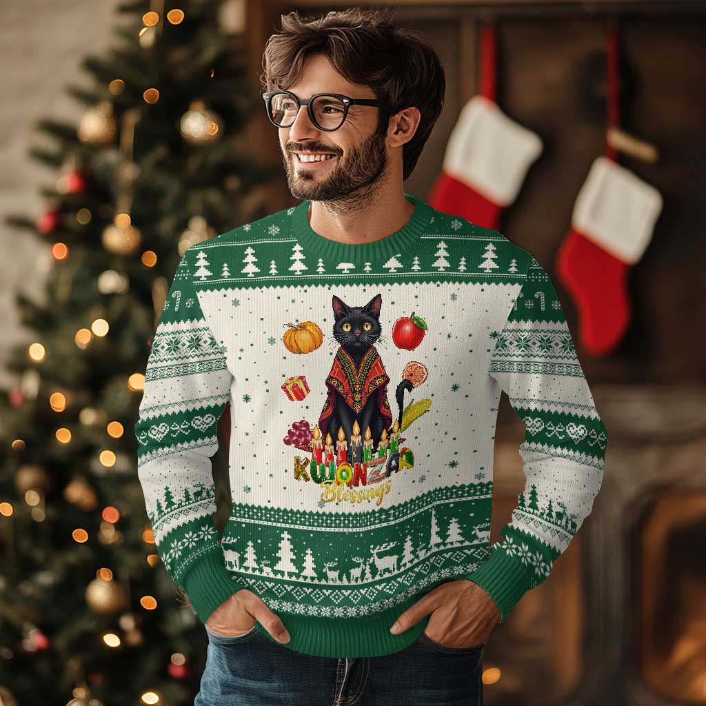 Kwanzaa Blessings Ugly Christmas Sweater Funny Cat African Heritage Gift - Wonder Print Shop