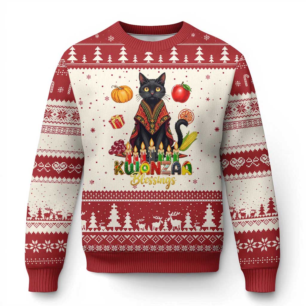 Kwanzaa Blessings Ugly Christmas Sweater Funny Cat African Heritage Gift - Wonder Print Shop