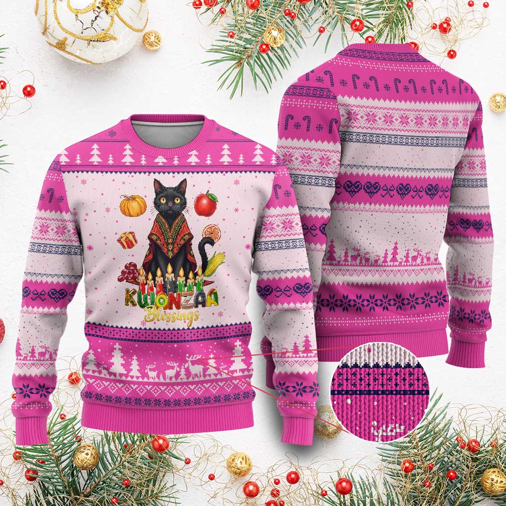 Kwanzaa Blessings Ugly Christmas Sweater Funny Cat African Heritage Gift - Wonder Print Shop