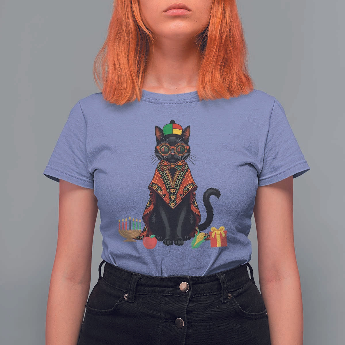 Cute Kwanzaa Cat Dashiki T Shirt For Women African Heritage Gift - Wonder Print Shop