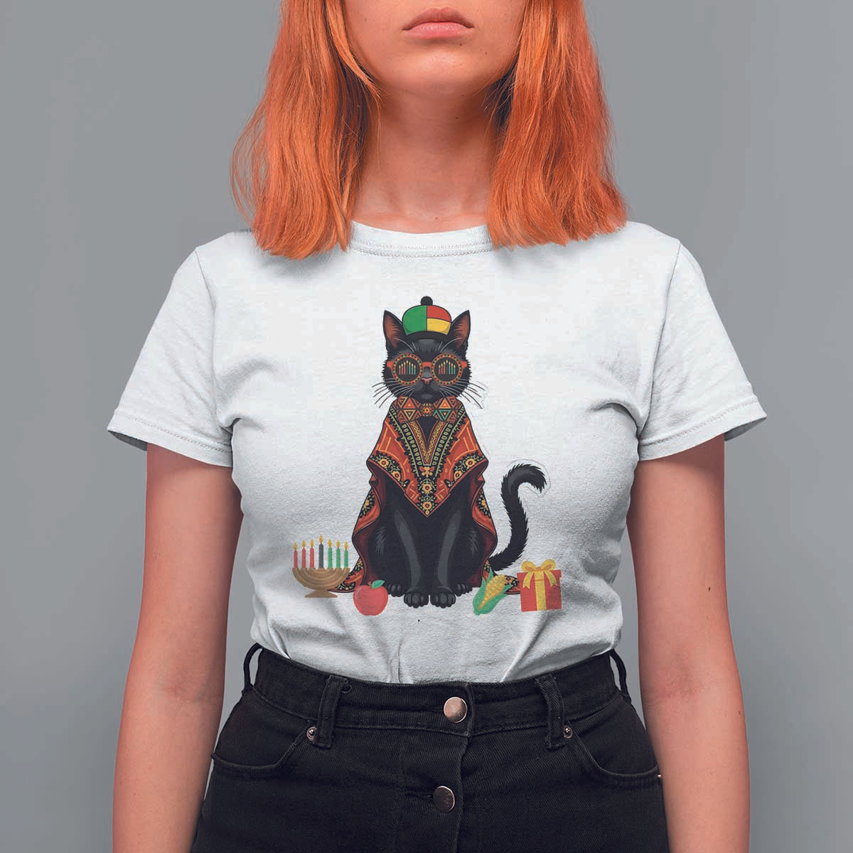 Cute Kwanzaa Cat Dashiki T Shirt For Women African Heritage Gift - Wonder Print Shop