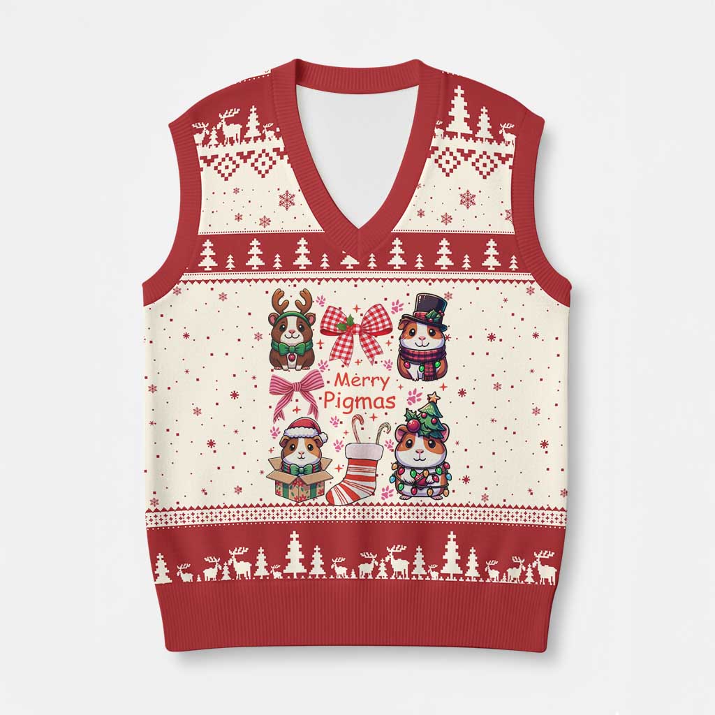 Merry Pigmas V-Neck Knit Sweater Vest Funny Guinea Pig Cavy Lover Holiday Gift - Wonder Print Shop
