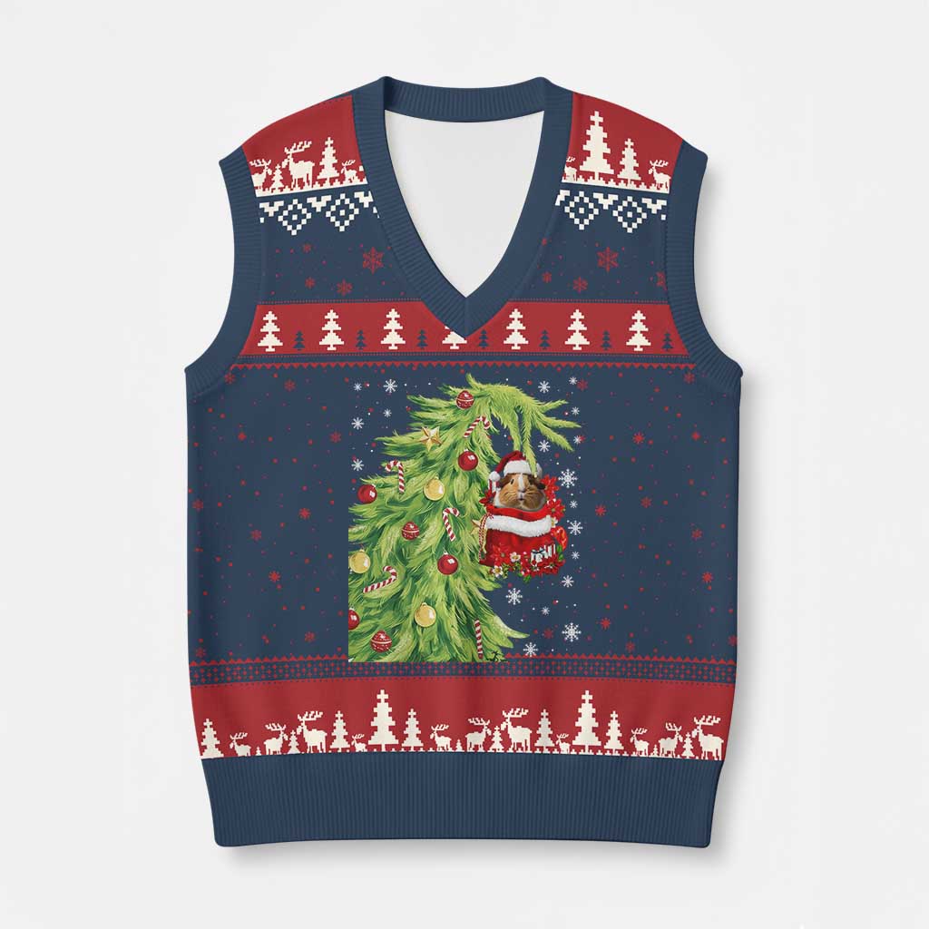 Funny Christmas Guinea In Green Hand Naughty V-Neck Knit Sweater Vest Cute Pet Lover Gift - undefined