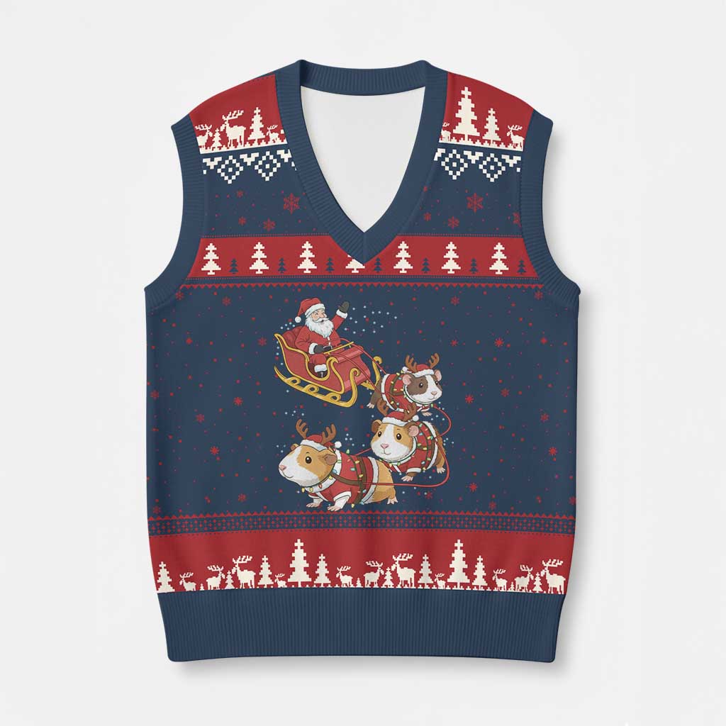 Funny Christmas Guinea Pig Lover Gift V-Neck Knit Sweater Vest Santa Pig Sleigh Crew - Wonder Print Shop