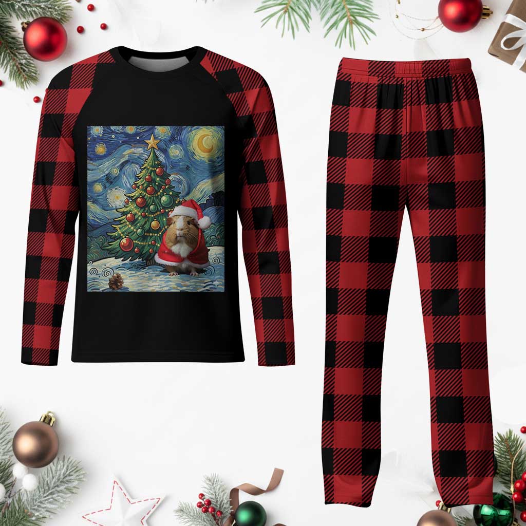 Santa Guinea Pig Starry Night Inspired Plaid Pajama Set Funny Christmas Gift - Wonder Print Shop