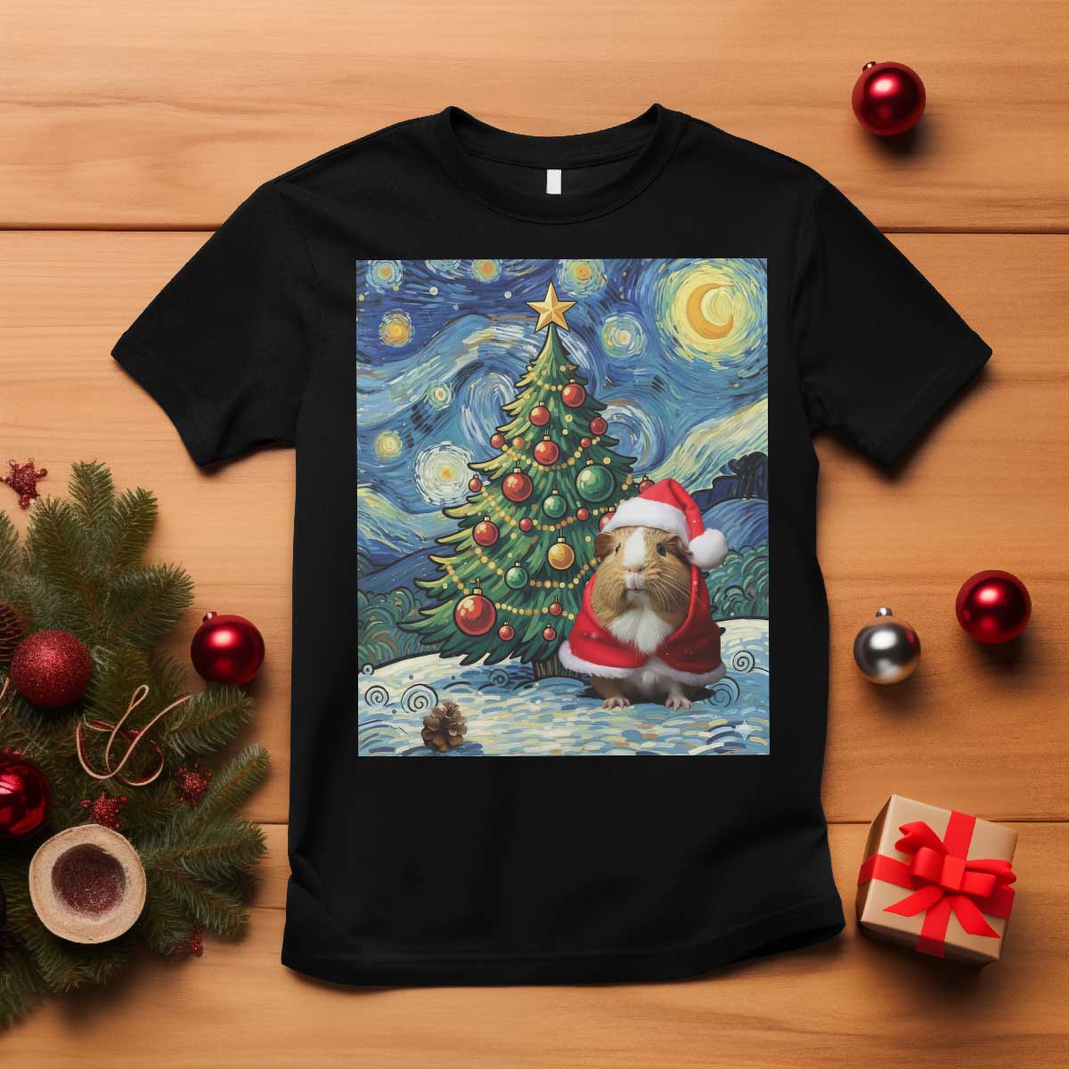 Santa Guinea Pig Starry Night Inspired T Shirt Funny Christmas Gift - Wonder Print Shop