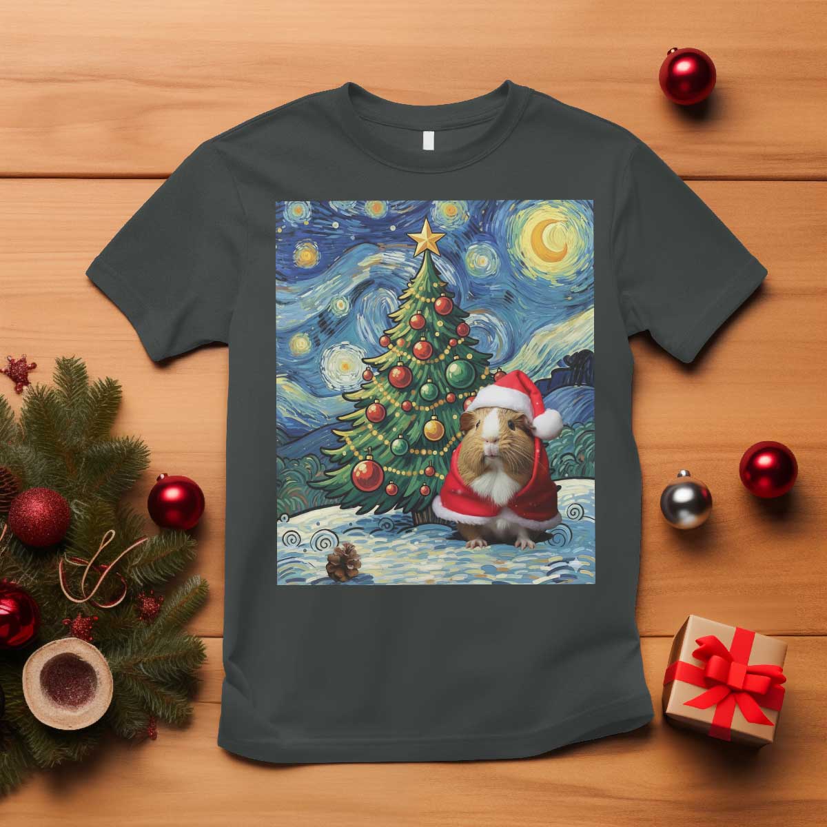 Santa Guinea Pig Starry Night Inspired T Shirt Funny Christmas Gift - Wonder Print Shop