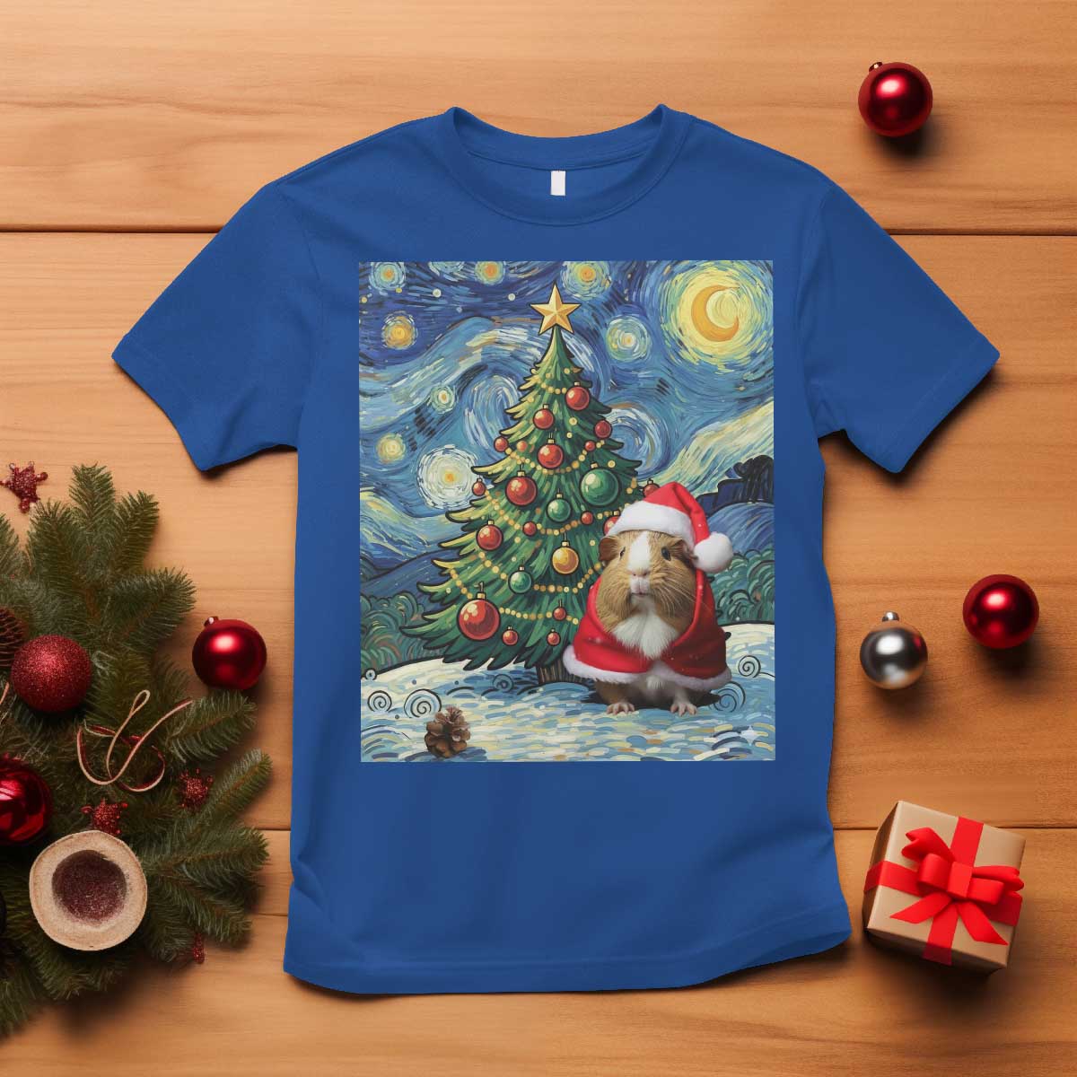 Santa Guinea Pig Starry Night Inspired T Shirt Funny Christmas Gift - Wonder Print Shop