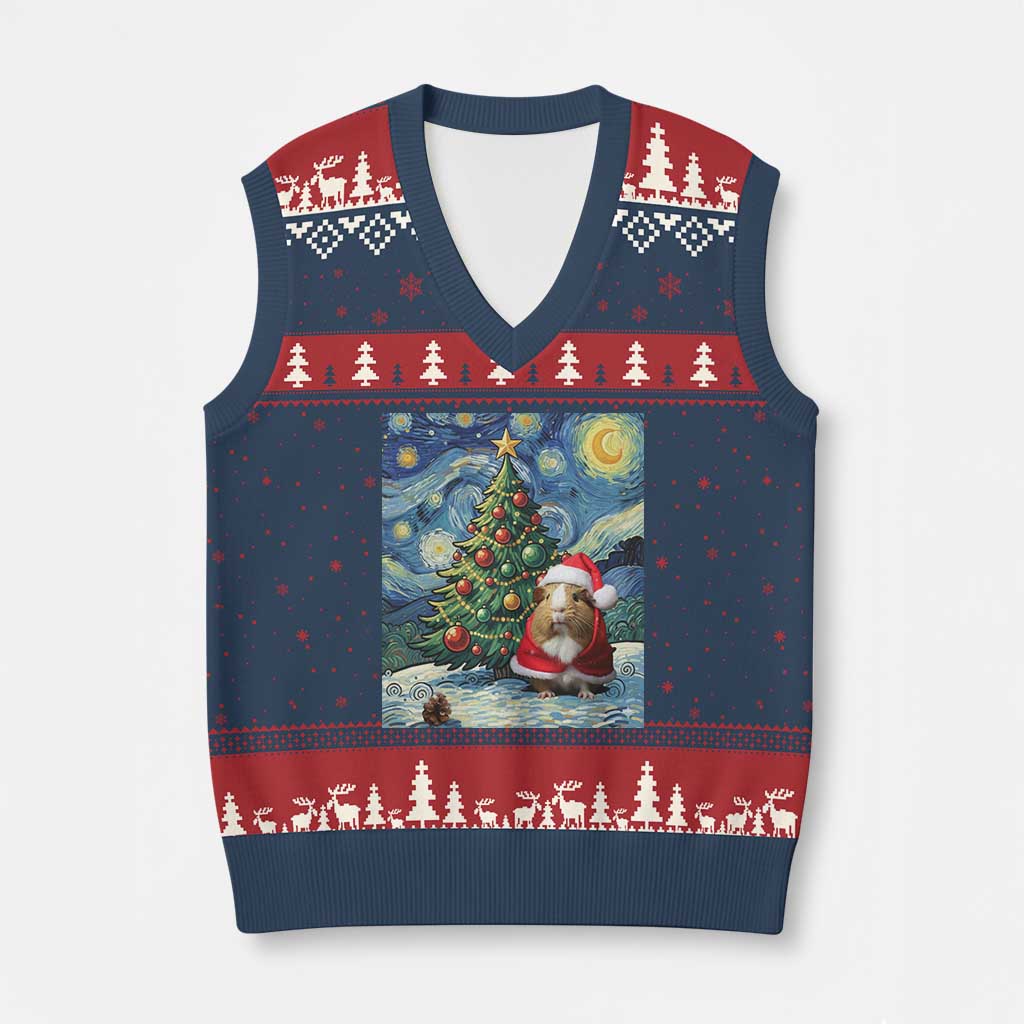 Santa Guinea Pig Starry Night Inspired V-Neck Knit Sweater Vest Funny Xmas Gift - Wonder Print Shop