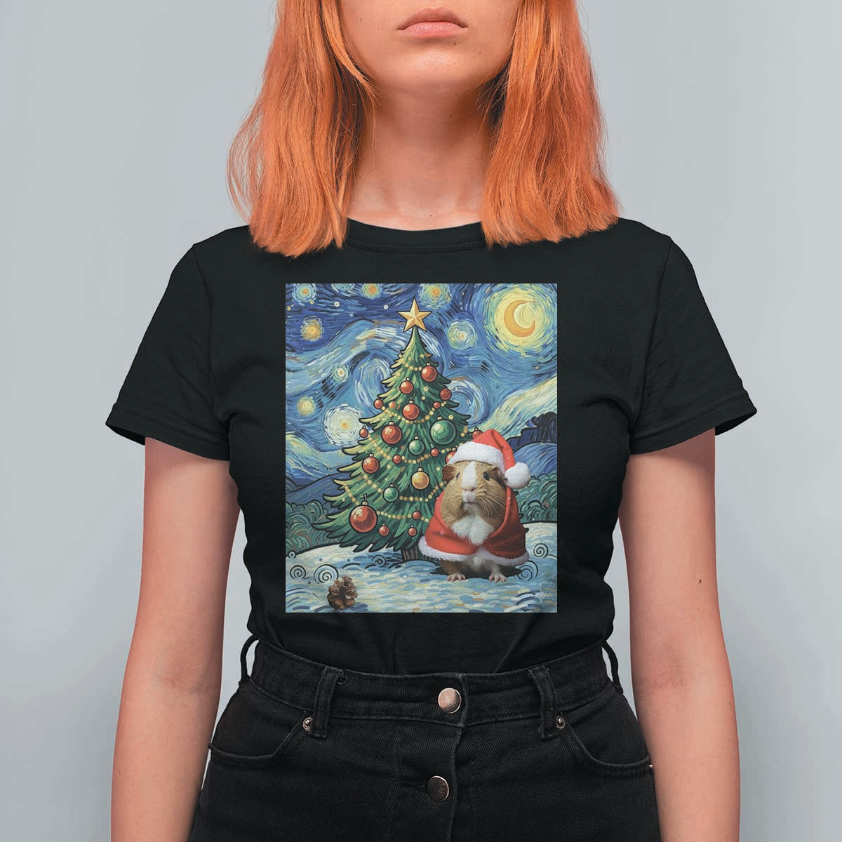 Santa Guinea Pig Starry Night Inspired T Shirt For Women Funny Christmas Gift - Wonder Print Shop