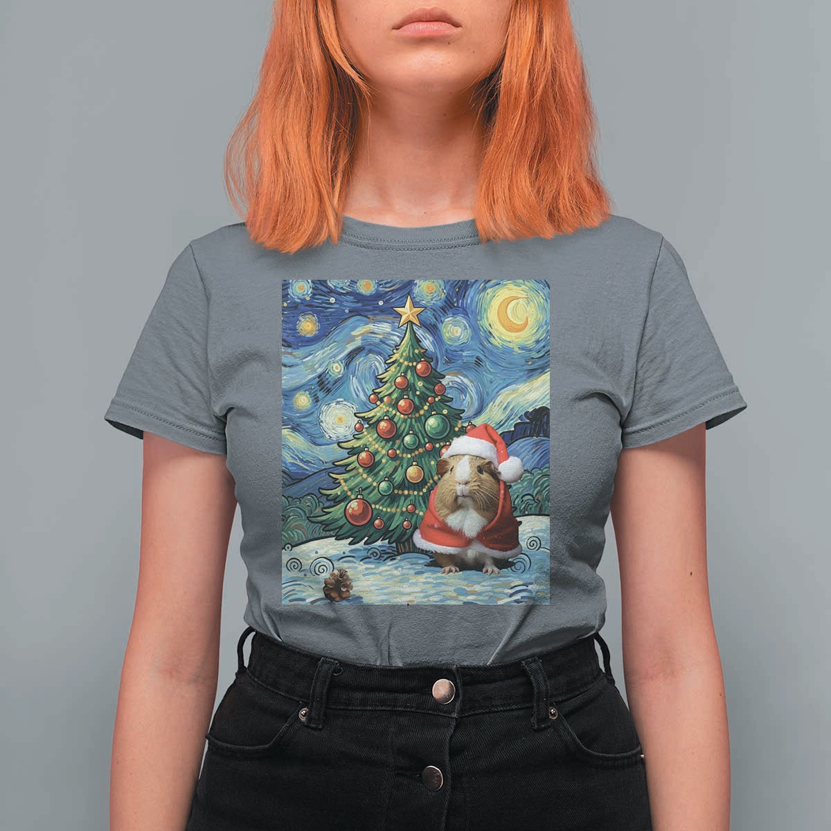 Santa Guinea Pig Starry Night Inspired T Shirt For Women Funny Christmas Gift - Wonder Print Shop