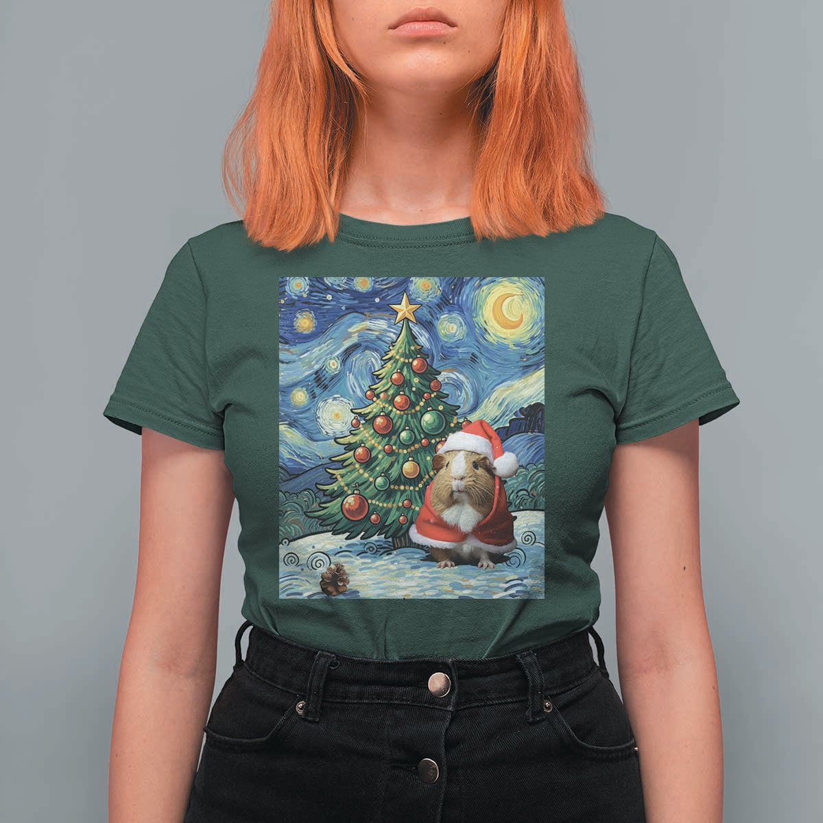 Santa Guinea Pig Starry Night Inspired T Shirt For Women Funny Christmas Gift - Wonder Print Shop
