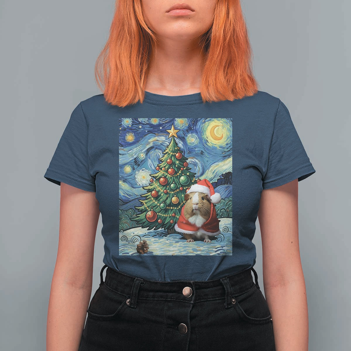 Santa Guinea Pig Starry Night Inspired T Shirt For Women Funny Christmas Gift - Wonder Print Shop