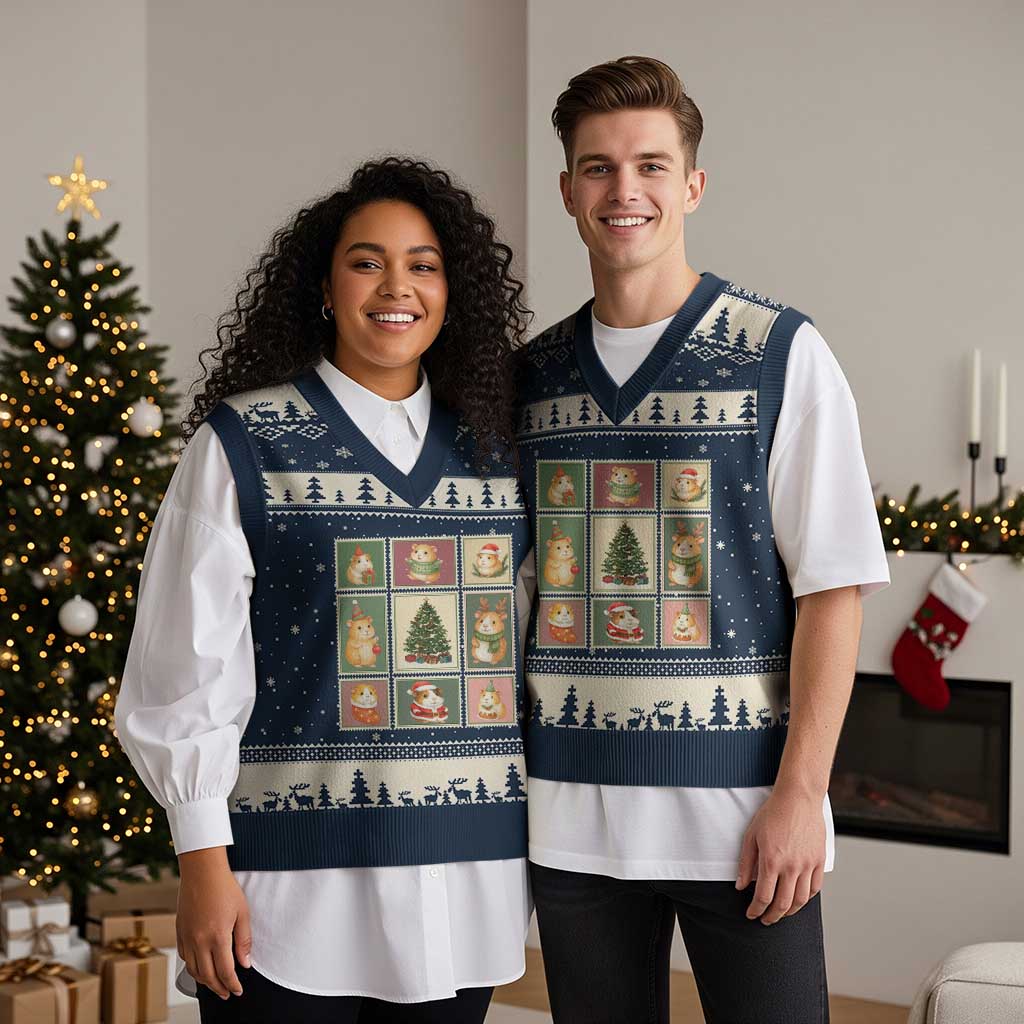 Tis The Season To Be Wheeky V-Neck Knit Sweater Vest Christmas Guinea Pig Gift - Wonder Print Shop