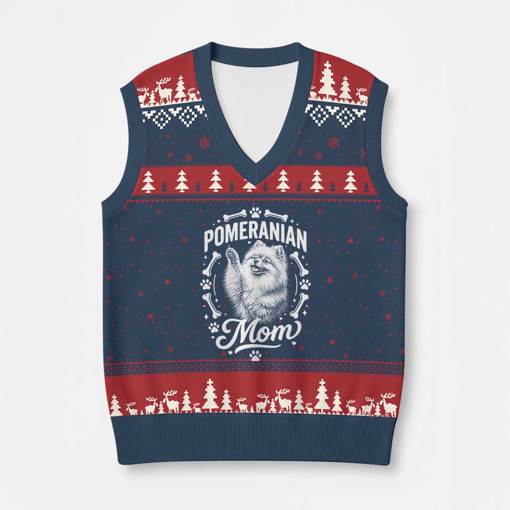 Vintage Pom Dog Mom V-Neck Knit Sweater Vest Pomeranian Lover Gift