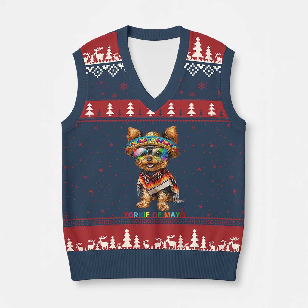 Yorkie De Mayo V-Neck Knit Sweater Vest Cinco De Mayo Dog Lover