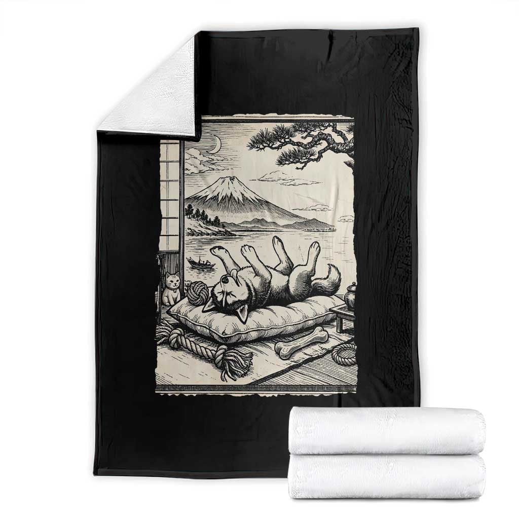 Vintage Japanese Ukiyoe Siberian Husky Throw Blanket Cute Sleeping Animal Gift