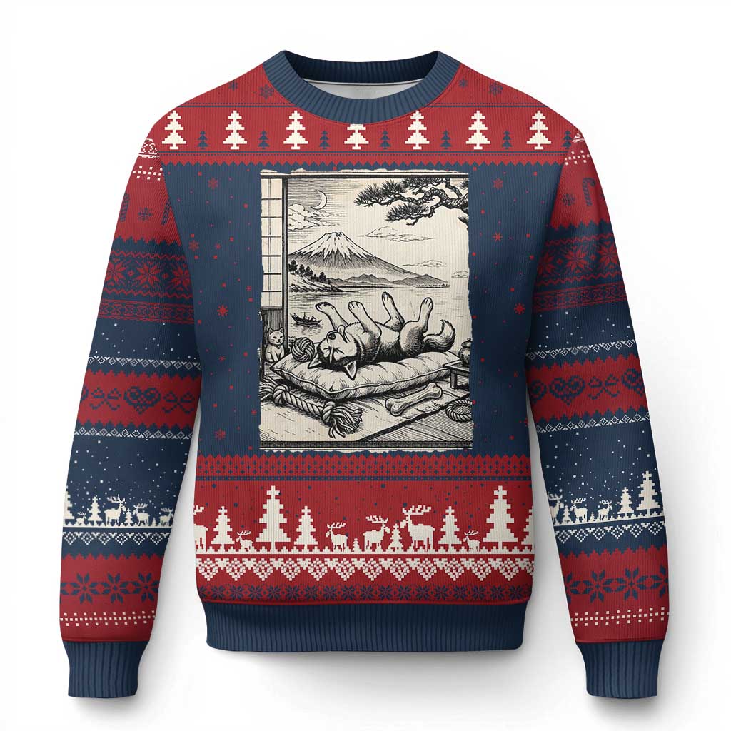 Vintage Japanese Ukiyoe Siberian Husky Ugly Christmas Sweater Cute Sleeping Animal Gift
