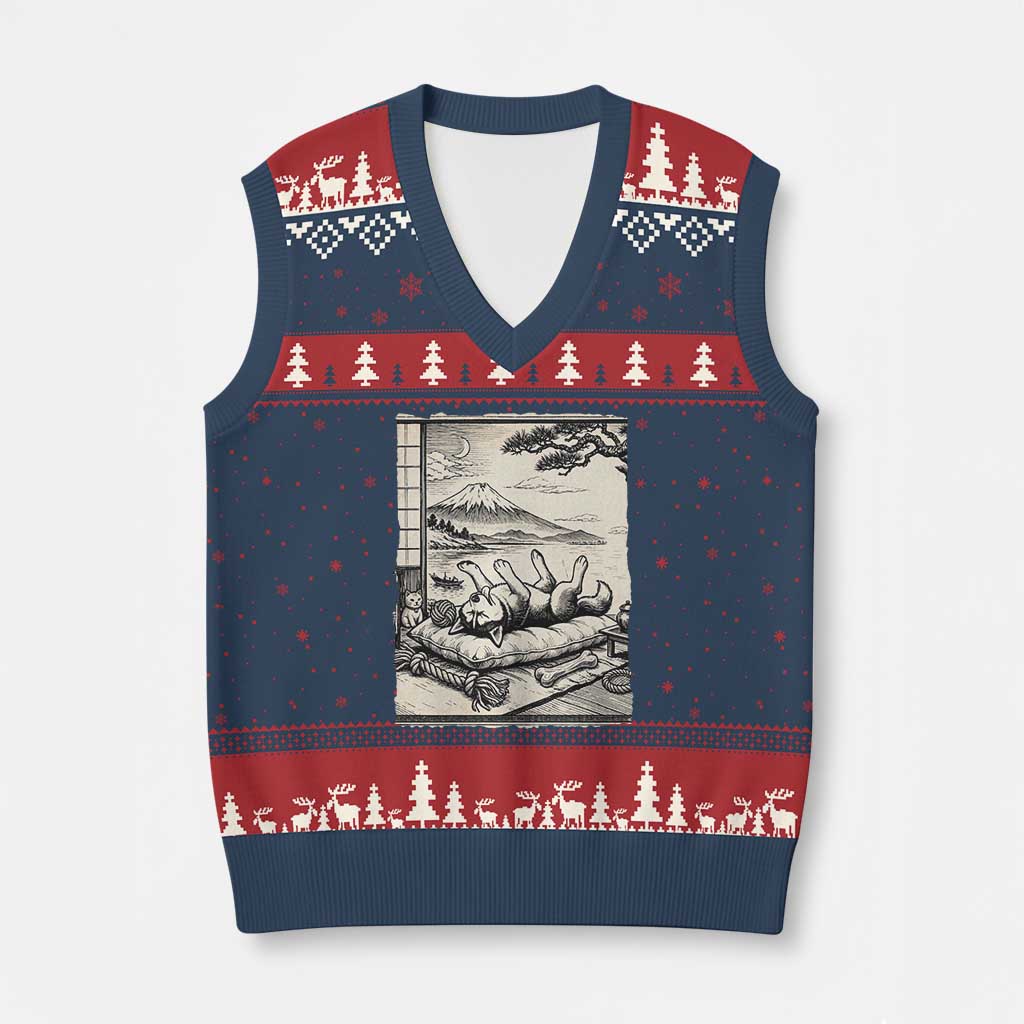 Vintage Japanese Ukiyoe Siberian Husky V-Neck Knit Sweater Vest Cute Sleeping Animal Gift