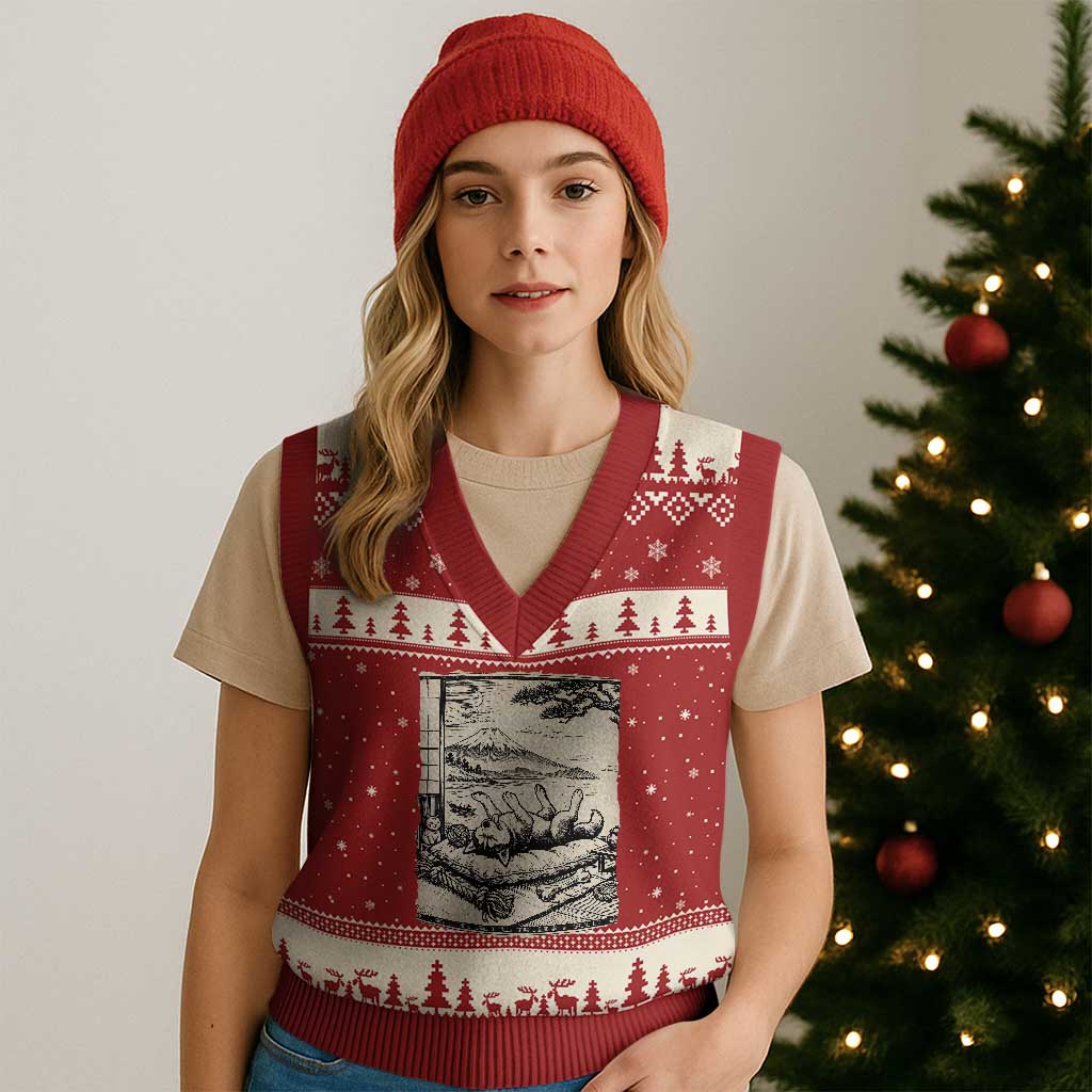 Vintage Japanese Ukiyoe Siberian Husky V-Neck Knit Sweater Vest Cute Sleeping Animal Gift