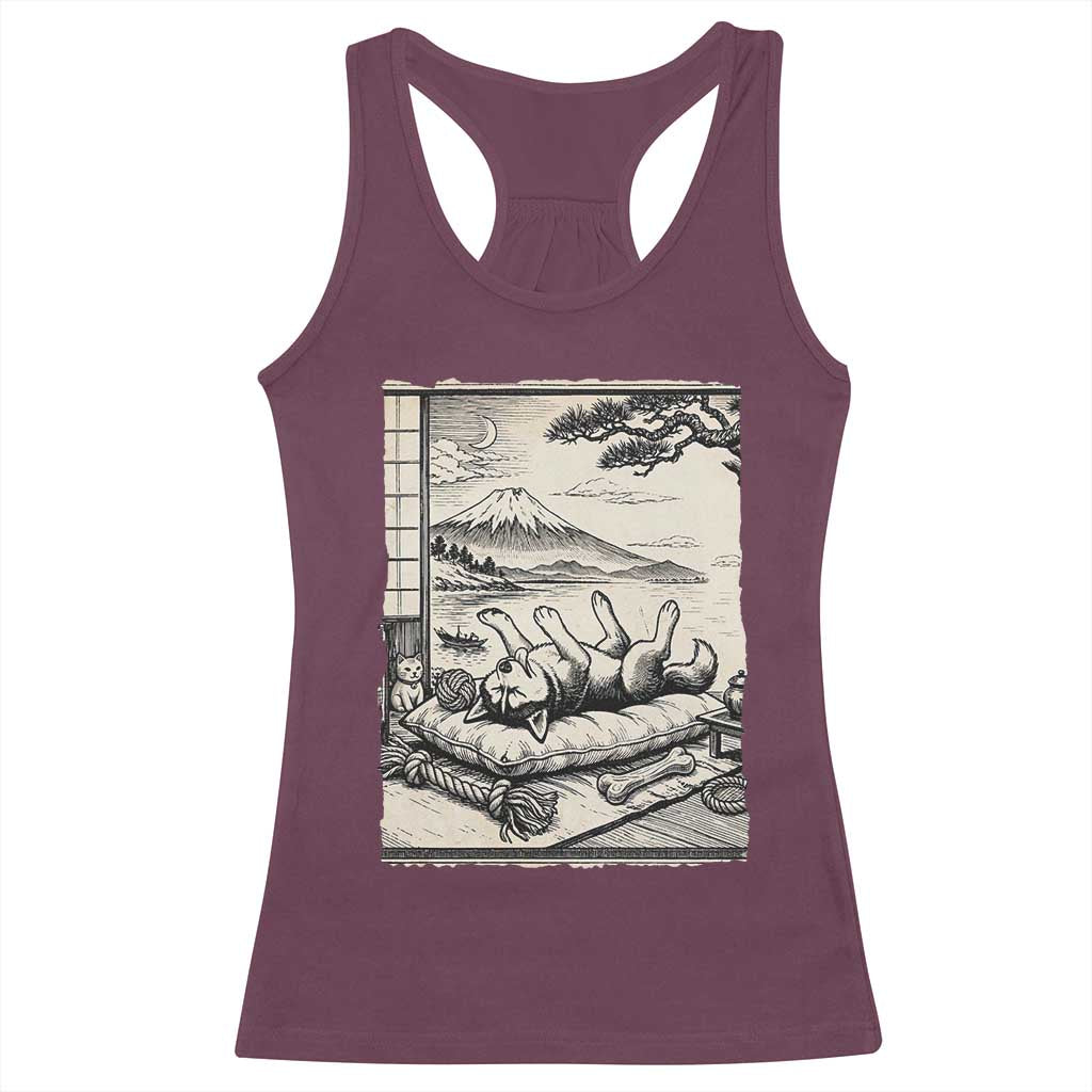 Vintage Japanese Ukiyoe Siberian Husky Racerback Tank Top Cute Sleeping Animal Gift