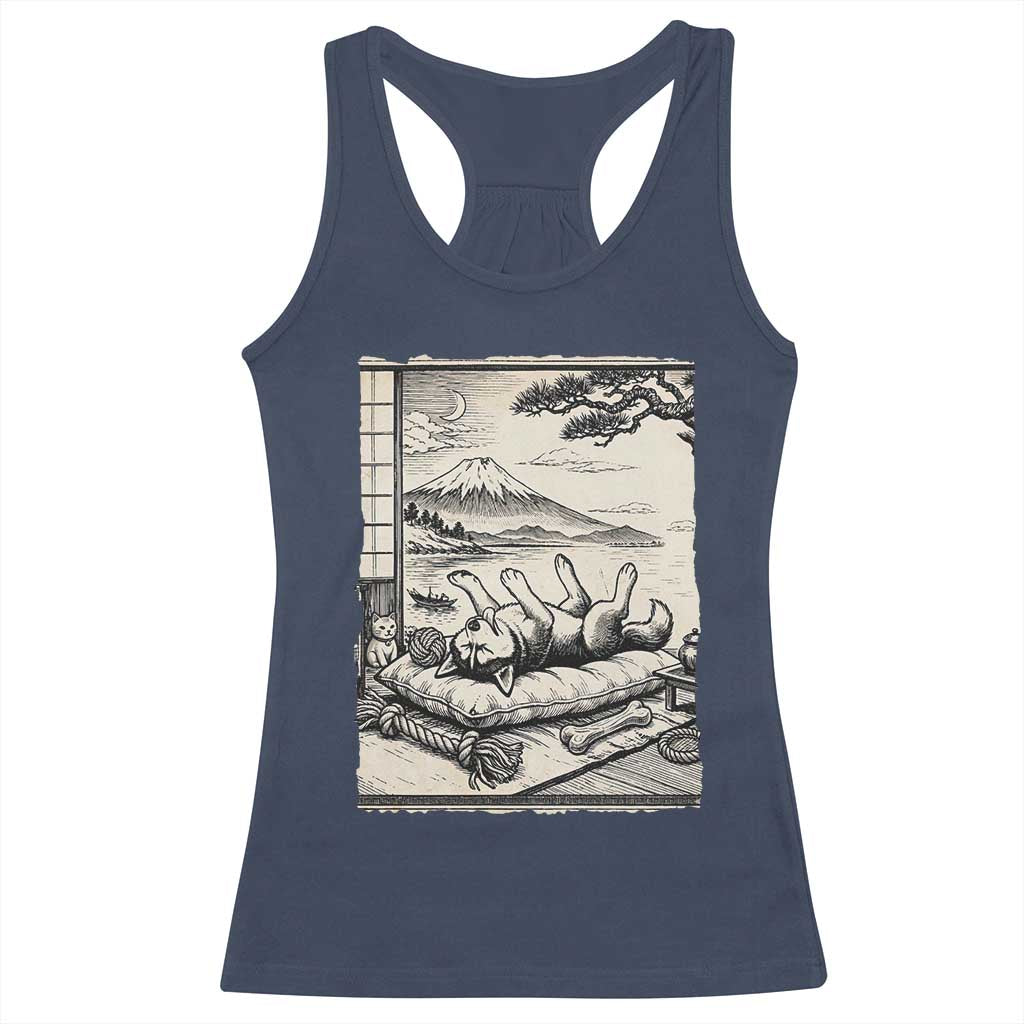 Vintage Japanese Ukiyoe Siberian Husky Racerback Tank Top Cute Sleeping Animal Gift