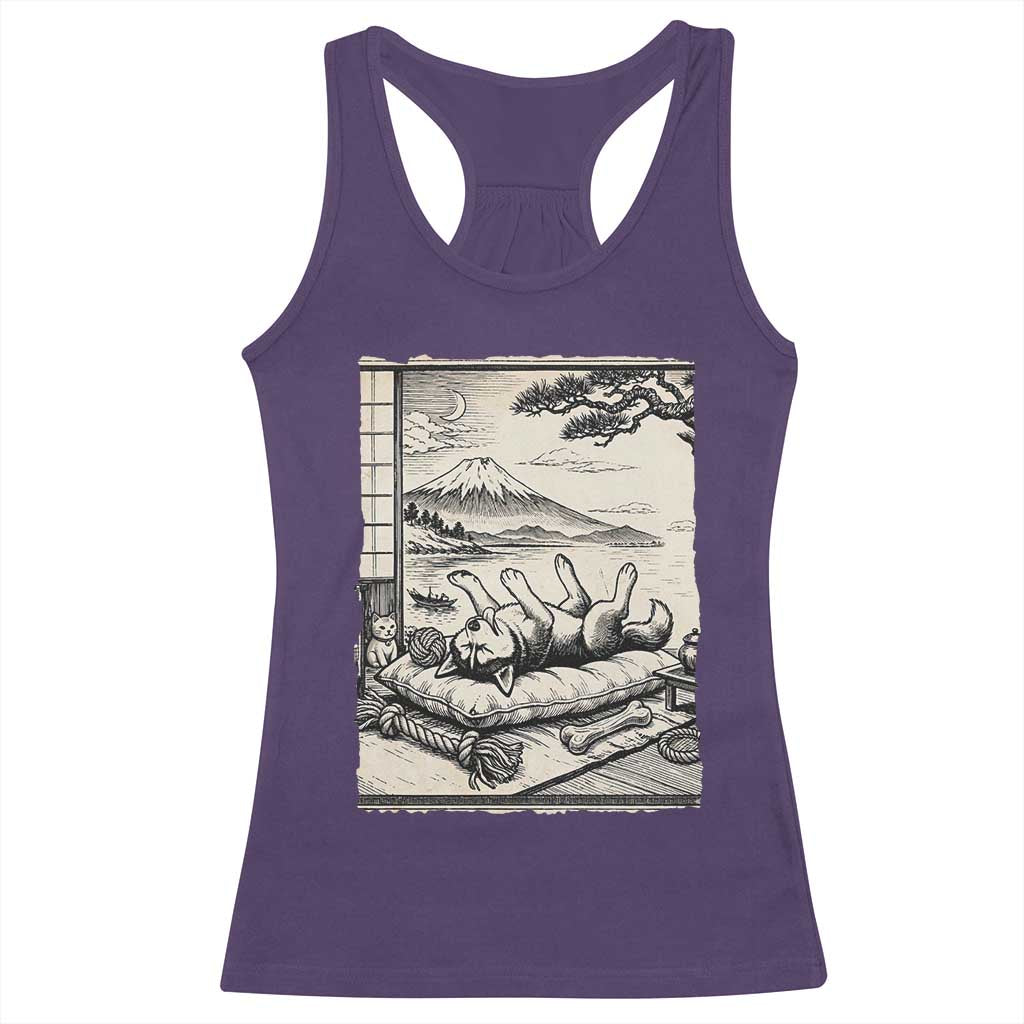 Vintage Japanese Ukiyoe Siberian Husky Racerback Tank Top Cute Sleeping Animal Gift