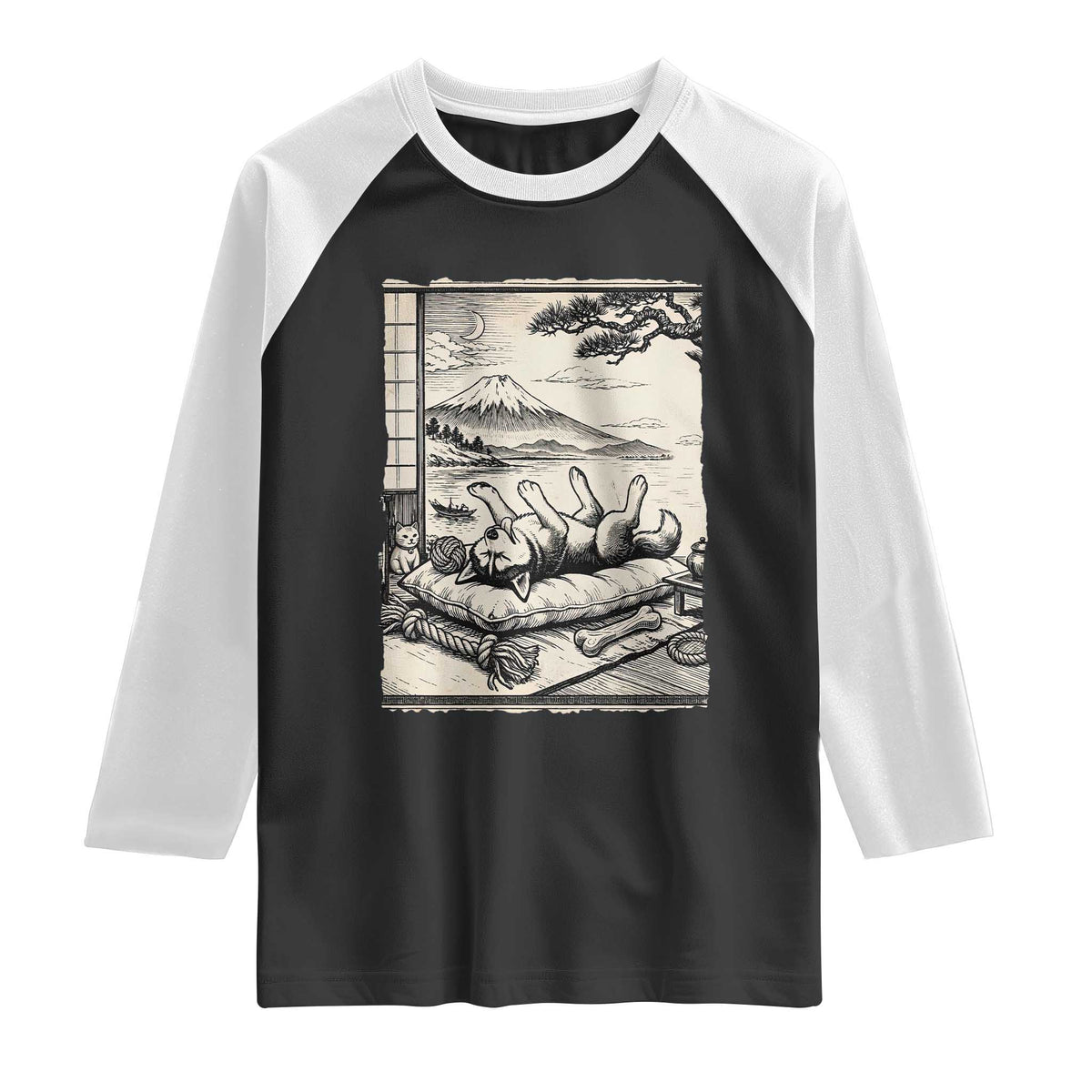 Vintage Japanese Ukiyoe Siberian Husky Raglan Shirt Cute Sleeping Animal Gift