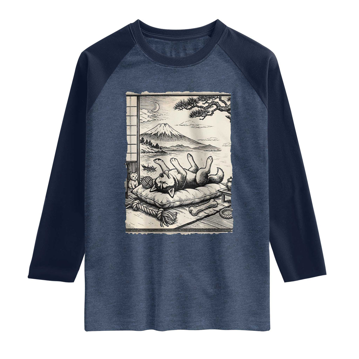 Vintage Japanese Ukiyoe Siberian Husky Raglan Shirt Cute Sleeping Animal Gift