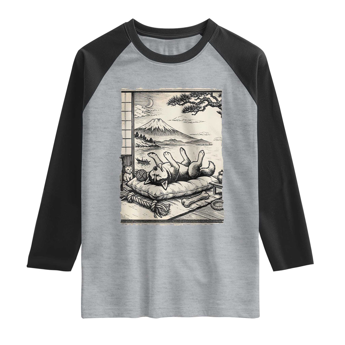 Vintage Japanese Ukiyoe Siberian Husky Raglan Shirt Cute Sleeping Animal Gift