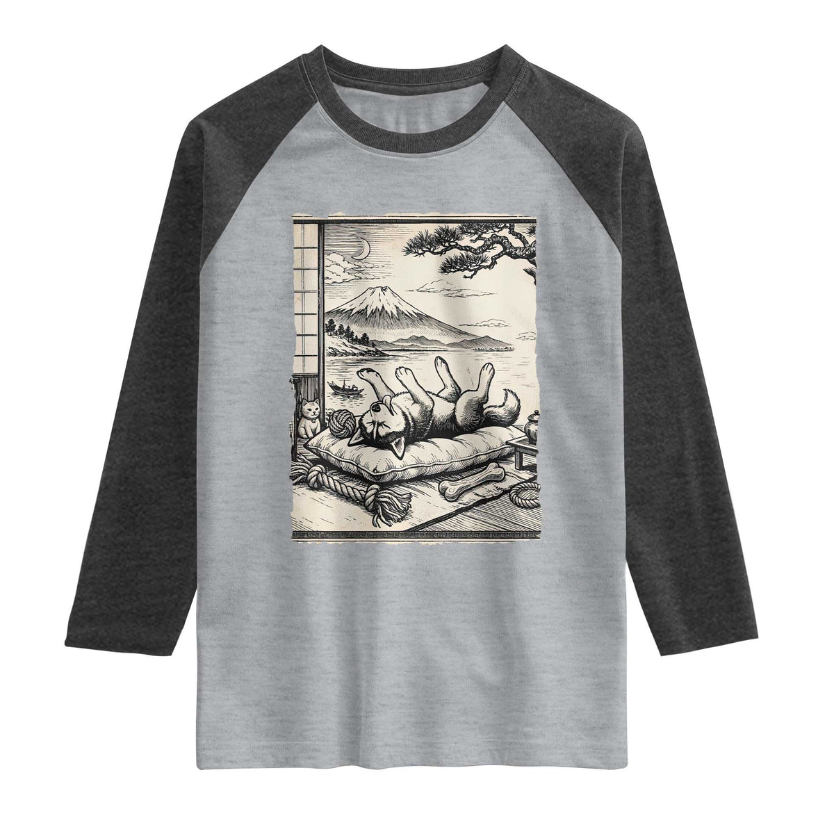 Vintage Japanese Ukiyoe Siberian Husky Raglan Shirt Cute Sleeping Animal Gift