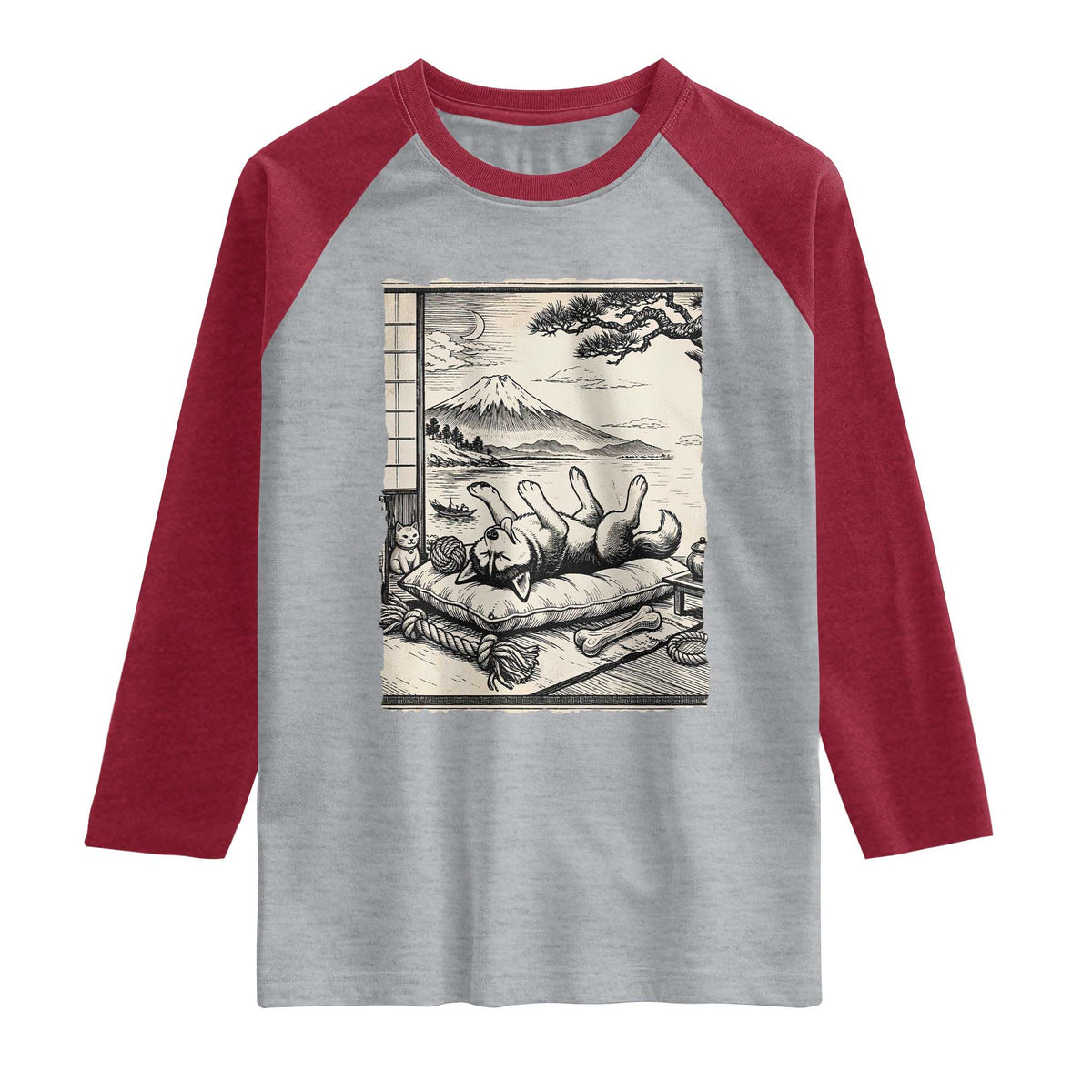 Vintage Japanese Ukiyoe Siberian Husky Raglan Shirt Cute Sleeping Animal Gift